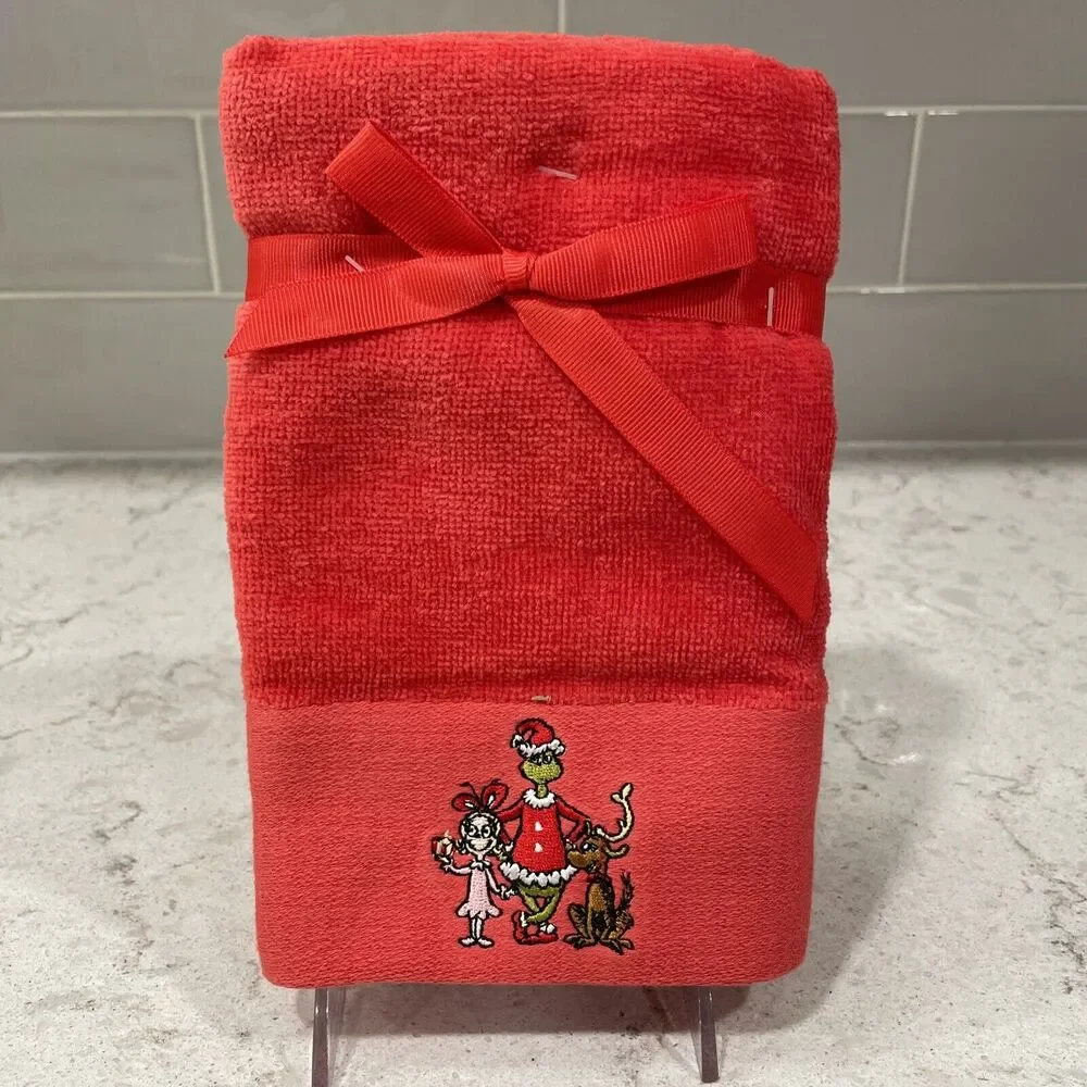 Set Of 2 THE GRINCH Dr. Seuss Christmas Embroidered Hand Two Towels 16